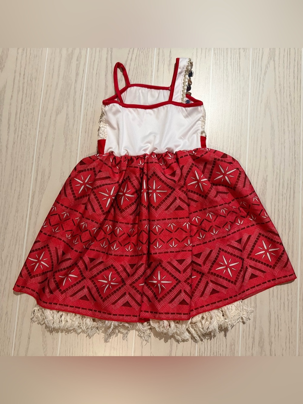 Moana Inspired Girls Costume Dress Size 120 5/6 Red White Fringe Beaded - Picture 12 of 14